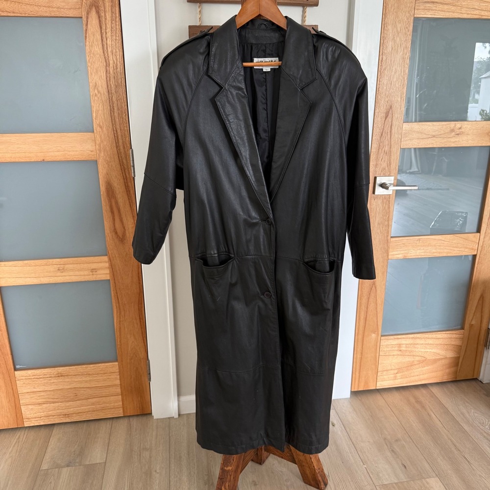 Split End Ltd Vintage 80's Black Leather Trench Coat Long Jacket Women's Lrg EUC